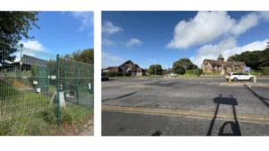 The image on the left is a photograph from Stone Cross, Eastbourne. The image shows a school fence where parents must queue for pickup without space for socialising. The image on the right is a photograph from Stone Cross, Eastbourne. The image shows a church and community centre that, while nearby, is separated from residential areas by busy roads that make pedestrian access challenging.