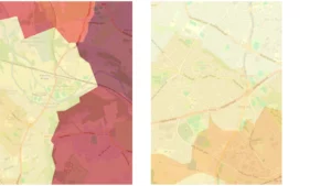 Left:A map of Bradford's northeastern suburbs showing economic connectedness, where parks and woodland create clear community divisions. The visualization uses a gradient from dark red (high economic connection) to light yellow (low connection), revealing sharp transitions between neighboring areas. Right: A map of Bradford's southern suburbs displaying economic connectedness. The gradient from dark red (high connection) to light yellow (low connection) shows a more gradual blending between areas, indicating smoother socioeconomic transitions where natural barriers are absent.
