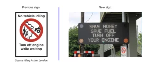 The image compares two different road signs discouraging vehicle idling. Previous sign (left side): A rectangular sign with a bold red prohibition symbol (a red circle with a diagonal line through it). Inside the symbol, an illustration of exhaust fumes near pedestrians and a vehicle. Text: "No vehicle idling" at the top and "Turn off engine while waiting" at the bottom. Source: "Idling Action London." New sign (right side): An electronic LED road sign displaying a dynamic message. Text: "SAVE MONEY / SAVE FUEL / TURN OFF / YOUR ENGINE." Positioned on a pole near a traffic signal. In the background, the old sign is still visible. The new sign appears to use an incentive-based approach (saving money and fuel) rather than just prohibiting idling.