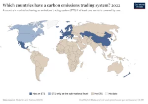 A world map titled 'Which countries have a carbon emissions trading system? 2022' showing countries with an emissions trading system (ETS). Countries are categorized into four groups: those with an ETS (marked in dark blue), those with an ETS only at the sub-national level (marked in light blue), those without an ETS (marked in beige), and those with no data available (marked with diagonal stripes). The map indicates that the European Union, China, South Korea, and parts of Canada and the United States have an ETS, while countries such as India, most of Africa, and parts of South America do not. The data source is cited as Dolphin and Xiahou (2022), and the map is provided by Our World in Data.
