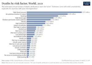 A bar chart titled "Deaths by risk factor, World, 2021" shows the estimated annual deaths attributed to various risk factors. High blood pressure ranks highest (10.9 million deaths), followed by air pollution (8.08 million) and smoking (6.18 million). Other factors include obesity, alcohol use, unsafe water, poor diet, and low physical activity.